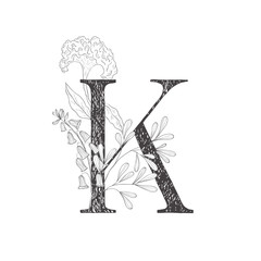 Floral botanical alphabet. Letter with plants and flowers.