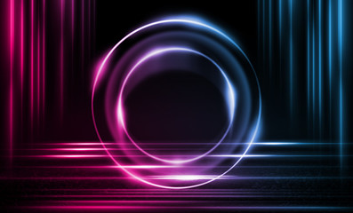 Empty background scene. Dark street, a reflection of blue and pink neon light on wet pavement. Rays of light in the dark, smoke. Night view of the street, the city. Abstract dark background.