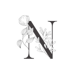 Floral botanical alphabet. Letter with plants and flowers.