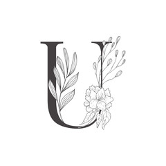 Floral botanical alphabet. Letter with plants and flowers.