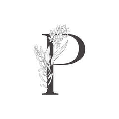 Floral botanical alphabet. Letter with plants and flowers.