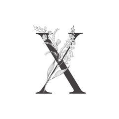 Floral botanical alphabet. Letter with plants and flowers.