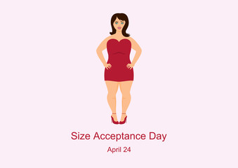 Size Acceptance Day vector. International No Diet Day. Curvy woman vector. Cheerful fat woman illustration. Happy plus size fashion model in a red dress vector. Attractive girl in high heels