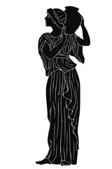An ancient Greek woman in a tunic is standing with a jug in her hands. Vector image isolated on a white background.
