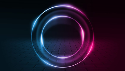 Empty background scene. Dark street, a reflection of blue and pink neon light on wet pavement. Rays of light in the dark, smoke. Night view of the street, the city. Abstract dark background.