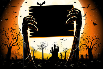 Halloween banner/ poster with hands/ bat/ cemetery