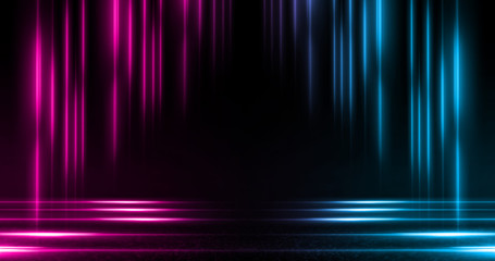 Empty background scene. Dark street, a reflection of blue and pink neon light on wet pavement. Rays of light in the dark, smoke. Night view of the street, the city. Abstract dark background.