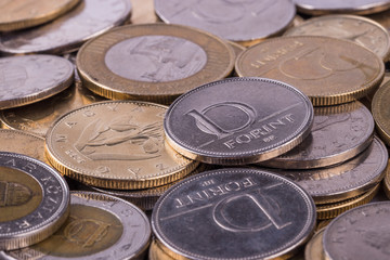 Hungarian currency -Forint, close-up. In the background are coins of other denominations.