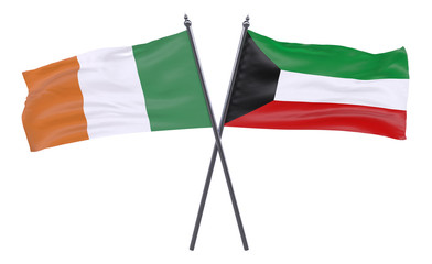 Ireland and Kuwait, two crossed flags isolated on white background. 3d image