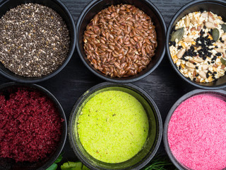 set of Super food powder from raw fruits, berry and seeds, detox concept