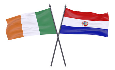 Ireland and Paraguay, two crossed flags isolated on white background. 3d image