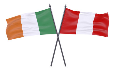 Ireland and Peru, two crossed flags isolated on white background. 3d image