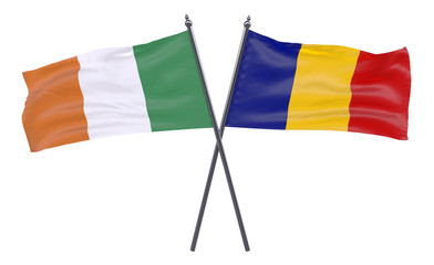 Ireland and Romania, two crossed flags isolated on white background. 3d image