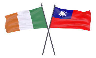 Ireland and Taiwan, two crossed flags isolated on white background. 3d image