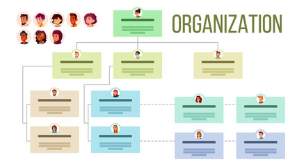 Organizational Structure, Company Organogram, Flowchart Vector Layout. Organizational Tree, Professional Hierarchy. Corporate Network. Business Organization Scheme Visualization Flat Illustration