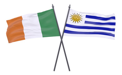Ireland and Uruguay, two crossed flags isolated on white background. 3d image