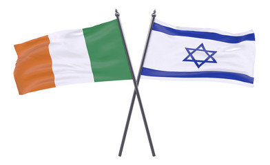 Ireland and Israel, two crossed flags isolated on white background. 3d image