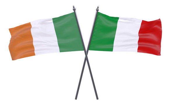 Ireland and Italy, two crossed flags isolated on white background. 3d image