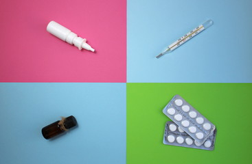 Medicines for the treatment of acute respiratory diseases on a colorful background