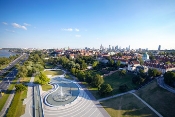 aerial view of the city park with skyline in the background