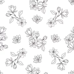 Tapeten Blumendrucke Nahtlose botanische Linie Kunstmuster. Hintergrund mit Magnolie.