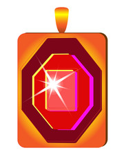 Golden jewel with red sparkling gem. Gold pendant with ruby. Precious pendant with gem. Women's decoration.