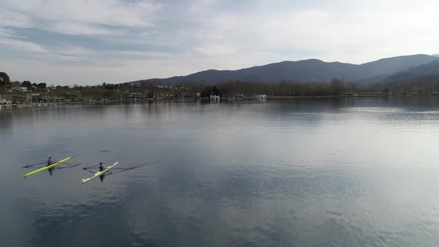 4K drone footage of rowing boat training on the pond of Banyoles, a small city of Catalonia