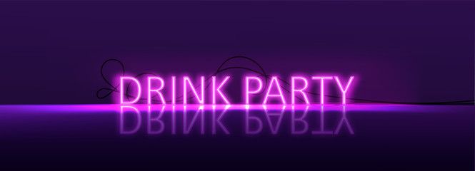 Neon realistic text Drink Party. Violet color with light and letters on floor. Vector illustration