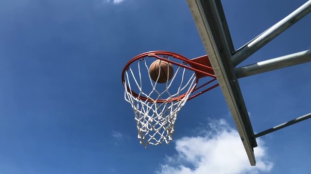 Super slow motion basketball shot on outdoor hoop
