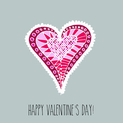 vector 'happy valentine's day' card with hand drawn colourful doodle heart, hatched in red color, on pink background, perfect as a card made with love
