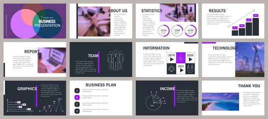 Purple and black business presentation template. Elements for slide presentations on a white and black background. Flyer, brochure, corporate report, marketing, advertising, annual report, banner 