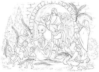 Fototapeta na wymiar Entry of Our Lord into Jerusalem (Palm Sunday) coloring page. Jesus Christ riding a donkey. Crowds welcome him with palm fronds, spread clothes before him