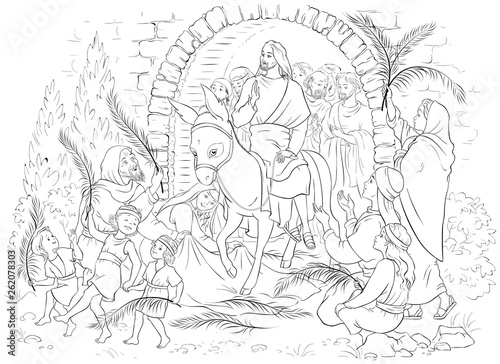 Fototapete Entry Of Our Lord Into Jerusalem Palm Sunday Coloring Page Jesus Christ Riding A Donkey Crowds Welcome Him With Palm Fronds Spread Clothes Before Him Bajena