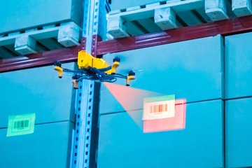 Drone with repeater. Warehouse equipment. Automatic monitoring of warehouse goods. Accounting...