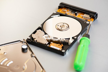 Broken hard drive and screwdriver.