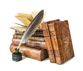 Old books and a quill - obrazy, fototapety, plakaty