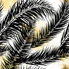 Black and gold vector palm trees. Hand drawn seamless pattern. Summer  tropical palm tree leaves seamless pattern. Abstract nature background