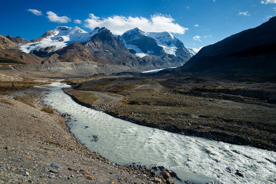 Runoff from a glacial melt from the Athabasca Glacier, Jasper National Park, along the Icefields Parkway, highway 93, Alberta, Canada.