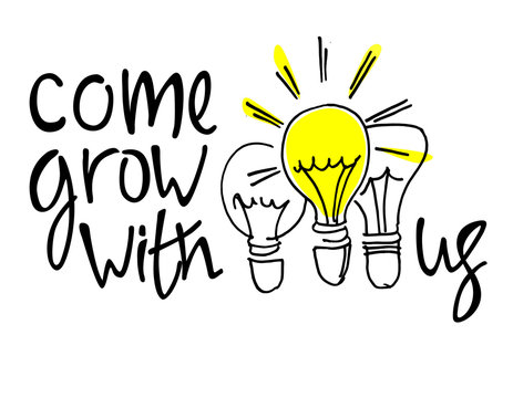 Come Grow With Us. Recruitment, Teambuilding And Personal Growth Concept. Hand Drawn Bulbs And Hand Lettering