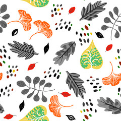 Vector seamless watercolor pattern with fall colorful leaves