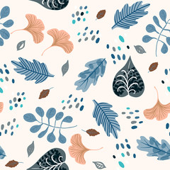Vector seamless watercolor pattern with fall colorful leaves