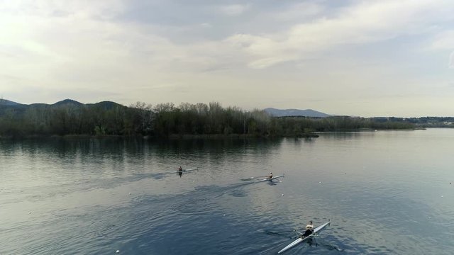 4K drone footage of rowing boats competing on the pond of Banyoles, a small city of Catalonia