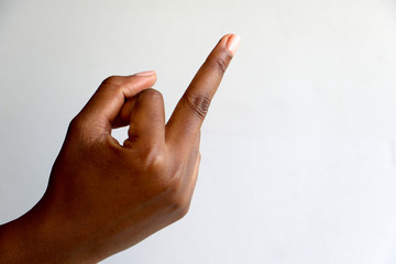 black african female hand gesturing - pointing, offensive sign, thumbs up, open hand