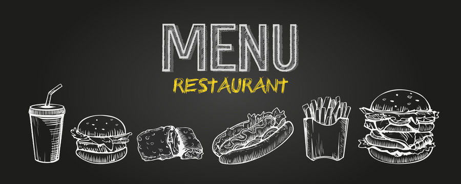 Menu poster design with chalkboard elements. Fast food menu skech style. Can be used for layout, banner, web design, brochure template. Vector illustration.