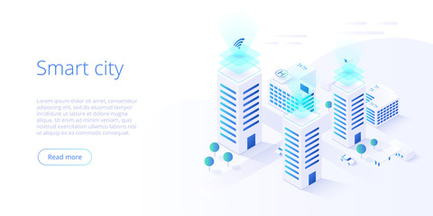 Smart city or intelligent building isometric vector concept. Building automation with computer networking illustration. Management system or BAS  background. IoT platform as future technology.