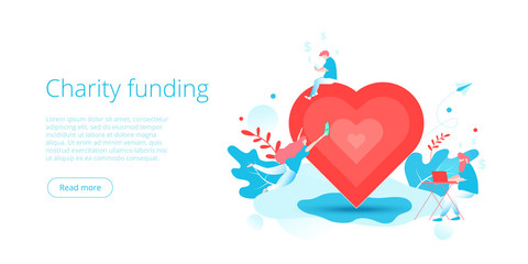 Charity fund or care in flat vector concept. Volunteer community or donation metaphor illustration. Web banner layout for people help or support,