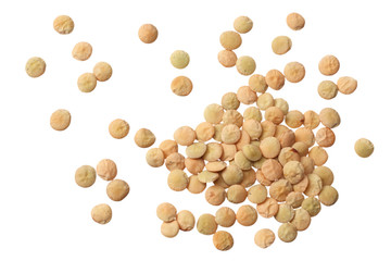 Pile lentil isolated on white background. Top view.