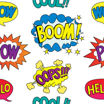 seamless pattern with speech bubbles with phrases, trendy comic background.