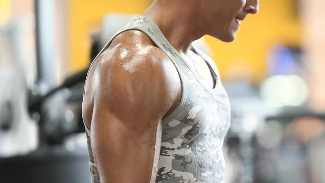 Handsome strong athletic men pumping up biceps muscles workout fitness and bodybuilding concept background - muscular bodybuilder fitness men doing arms exercises in gym naked torso