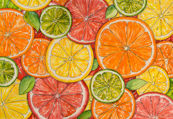 Watercolor citrus background. Paint texture. Hand drawn oranges, lemons, limes, mandarins, grapefruits. Bright watercolor stains 
